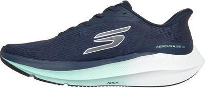 Dunkelblauer Skechers Laufschuh mit weißem Logo und heller Sohle. Dunkelblauer Skechers Laufschuh mit weißem Logo und heller Sohle.
