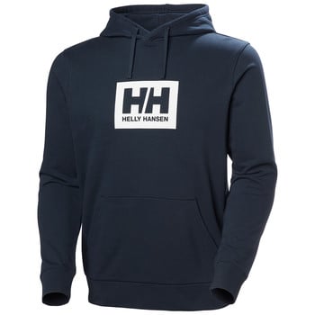 Sötétkék kapucnis pulóver Helly Hansen logóval a mellkasán.