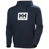 Sötétkék kapucnis pulóver Helly Hansen logóval a mellkasán.