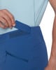 Eine Hand schließt einen Klettverschluss an blauen Hosen, die ein hellblaues Hemd tragen.