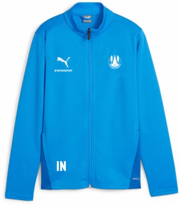 Blaue Puma Herrenjacke mit Reißverschluss, Intersport-Logo und Vereinswappen.