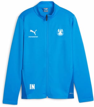 Blaue Puma Herrenjacke mit Reißverschluss, Intersport-Logo und Vereinswappen.