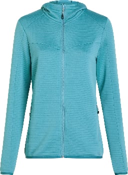 Eine blaue gesteppte Damenjacke mit Kapuze und Reißverschluss.