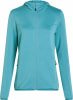 Eine blaue gesteppte Damenjacke mit Kapuze und Reißverschluss.