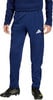 Blaue Sporthose mit weißem Adidas-Logo und schwarzen Fußballschuhen.