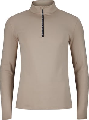 Damen-Beige-Oberteil mit kurzem Reißverschluss und Logo am Kragen. Damen-Beige-Oberteil mit kurzem Reißverschluss und Logo am Kragen.