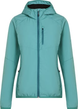 Damen-Türkisjacke mit Kapuze und Reißverschluss mit dunklerem Saum.