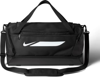 Schwarze Nike Sporttasche mit weißem Logo und Schultergurt.