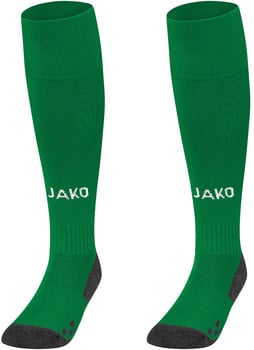 Grüne JAKO Fußballsocken mit dunkelgrauem Fersen- und Zehenbereich.