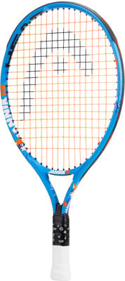 Blauer Tennisschläger mit orangefarbenem Saitenmuster und Cartoon-Motiven.
