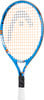Blauer Tennisschläger mit orangefarbenem Saitenmuster und Cartoon-Motiven.