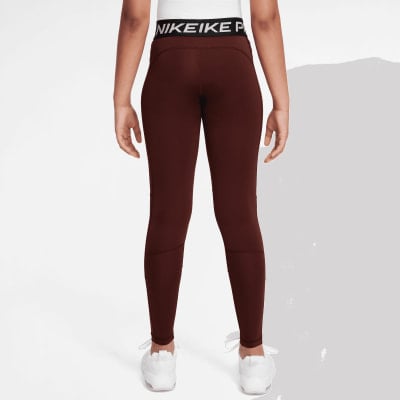 Mädchen-Leggings von Nike Pro in Dunkelrot mit Nike-Logo. Mädchen-Leggings von Nike Pro in Dunkelrot mit Nike-Logo.