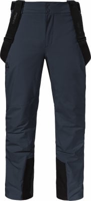 Dunkelblaue Skihose mit schwarzen Hosenträgern und Verstärkungen. Dunkelblaue Skihose mit schwarzen Hosenträgern und Verstärkungen.