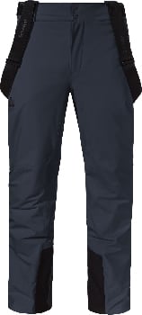 Dunkelblaue Skihose mit schwarzen Hosenträgern und Verstärkungen.