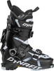 Ein schwarzer Dynafit Skischuh mit weißen und grauen Details und mehreren Schnallen.