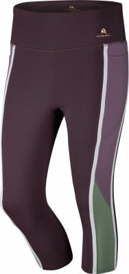Damen-Weinrot-Capri-Leggings mit weißen und violetten Streifen und Tasche.