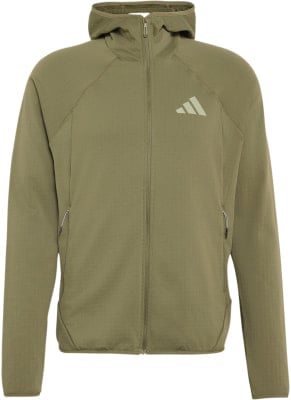 Khakifarbene Kapuzenjacke mit Adidas-Logo auf der Brust.