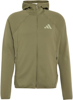 Khakifarbene Kapuzenjacke mit Adidas-Logo auf der Brust.