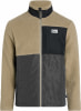 Beige Fleecejacke mit gesteppten grauen Einsätzen und schwarzer Brusttasche.