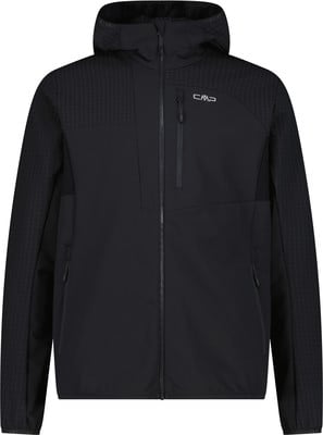 Schwarze Herrenjacke mit Kapuze und CMP-Logo auf der Brust, mit texturierten Details.