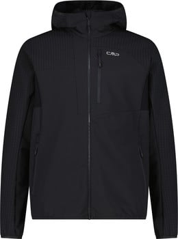 Schwarze Herrenjacke mit Kapuze und CMP-Logo auf der Brust, mit texturierten Details.