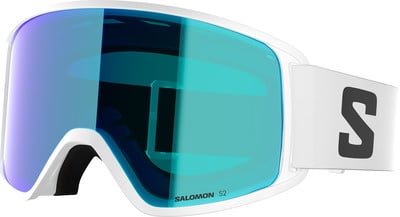 Salomon Skibrille mit weißem Rahmen und blaugrüner Linse. Salomon Skibrille mit weißem Rahmen und blaugrüner Linse.