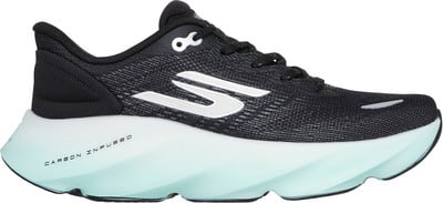 Schwarzer Laufschuh mit einer massiven hellblauen Sohle und Skechers-Logo. Schwarzer Laufschuh mit einer massiven hellblauen Sohle und Skechers-Logo.