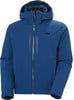 Blaue Jacke mit Kapuze und schwarzem Helly Hansen Logo auf der Brust.