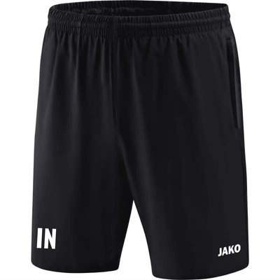 Schwarze Shorts mit weißem JAKO-Logo und Initialen IN.