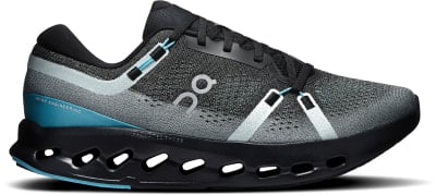 Schwarzer Laufschuh mit blauen Akzenten und ON-Logo. Schwarzer Laufschuh mit blauen Akzenten und ON-Logo.