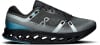 Schwarzer Laufschuh mit blauen Akzenten und ON-Logo.