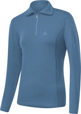 Blaues Damen-Langarmshirt mit Reißverschluss am Kragen. Blaues Damen-Langarmshirt mit Reißverschluss am Kragen.