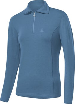 Blaues Damen-Langarmshirt mit Reißverschluss am Kragen.
