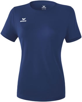 Dunkelblaues Damen-T-Shirt von Erima mit kurzen Ärmeln und Logo.