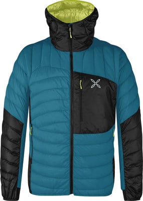 Blaue Daunenjacke mit schwarzen Einsätzen und limettengrüner Kapuzeninnenseite. Blaue Daunenjacke mit schwarzen Einsätzen und limettengrüner Kapuzeninnenseite.