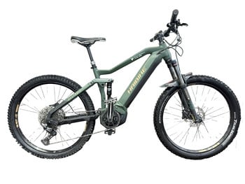 Grünes Haibike Mountain E-Bike mit Federung und breiten Reifen.