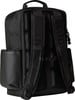 Schwarzer Rucksack mit gepolsterten Trägern und Seitentaschen.