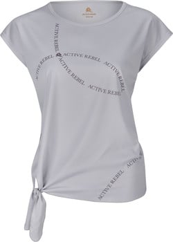 Graues Kurzarmshirt mit ACTIVE REBEL Logo und Taillenbindung.