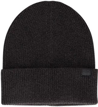 Schwarze Strickmütze mit umgeschlagener Krempe und Lederdetail.