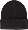 Schwarze Strickmütze mit umgeschlagener Krempe und Lederdetail.