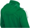 Grüne Kapuzenjacke mit weißem Streifen am Ärmel.