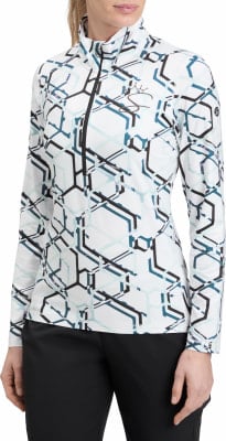 Damen-Langarmshirt in Weiß mit geometrischem Muster und schwarzer Hose. Damen-Langarmshirt in Weiß mit geometrischem Muster und schwarzer Hose.