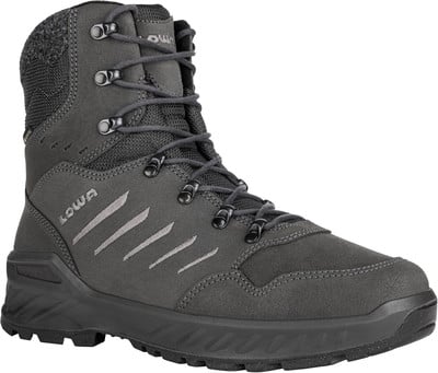 Grauer, hoher Wanderschuh mit Schnürsenkeln und LOWA-Logo. Grauer, hoher Wanderschuh mit Schnürsenkeln und LOWA-Logo.