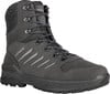 Grauer, hoher Wanderschuh mit Schnürsenkeln und LOWA-Logo.