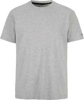 Graues Herren-T-Shirt mit kurzen Ärmeln und Rundhalsausschnitt.