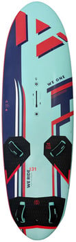 Ein blau-rotes Windsurfbrett mit dem Logo WE RIDE 131.