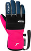 Pinke Reusch Handschuhe mit blauen und grauen Elementen und Logo.