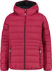 Eine rosafarbene Steppjacke mit Kapuze und schwarzem Reißverschluss.