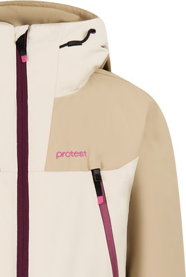 Beige Jacke mit violettem Reißverschluss und Protest-Logo. Beige Jacke mit violettem Reißverschluss und Protest-Logo.
