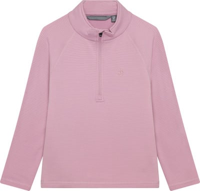 Rosa Kinderpullover mit kurzem Reißverschluss und Logo auf der Brust. Rosa Kinderpullover mit kurzem Reißverschluss und Logo auf der Brust.